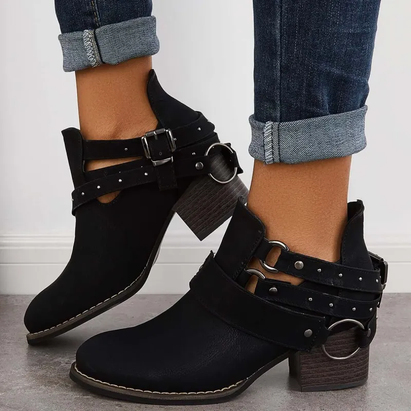 Cut Out Chunky Heel Booties Western Cowboy Ankle Boots sold by Tinstree