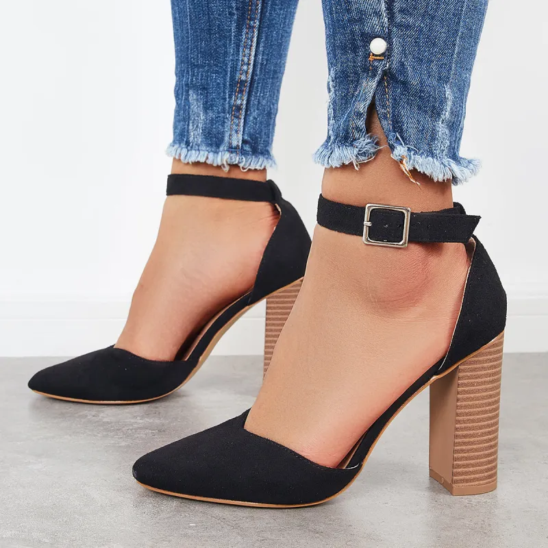 Casual Chunky Block High Heel Pumps Pointed Toe Ankle Strap Heels sold by Tinstree