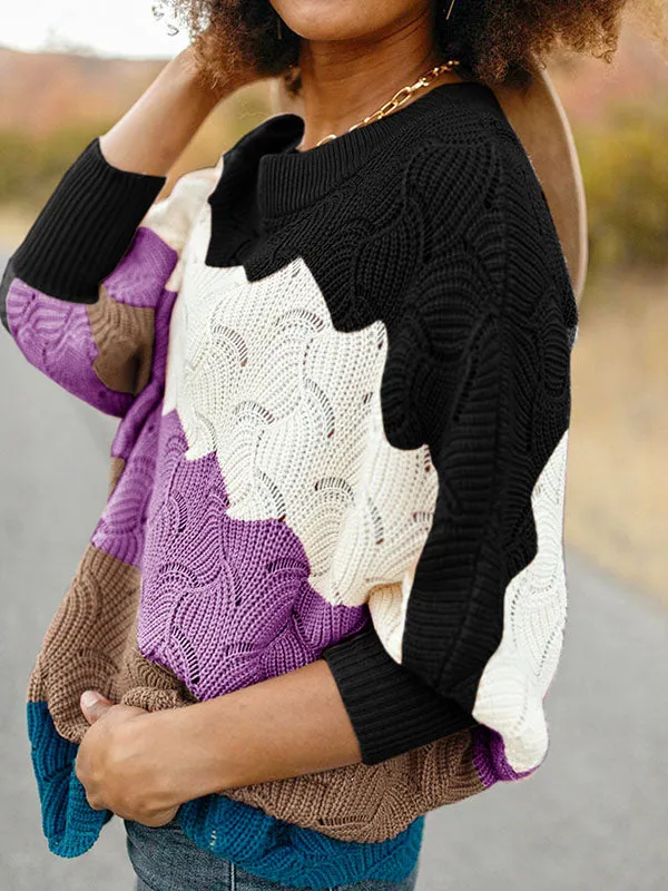 Women Block Color Sweater Crewneck Batwing Sleeve Knit Pullover Jumper Tops sold by Tinstree product image thumbnail 4