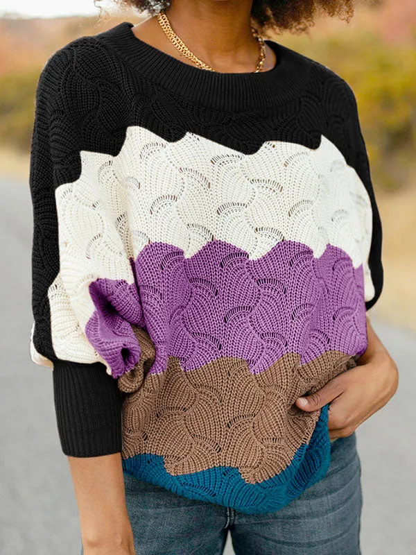 Women Block Color Sweater Crewneck Batwing Sleeve Knit Pullover Jumper Tops sold by Tinstree