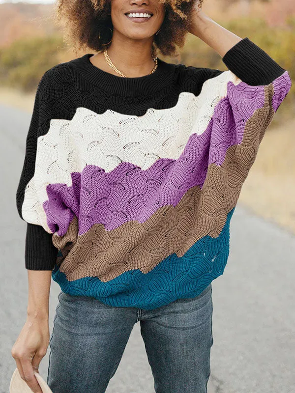 Women Block Color Sweater Crewneck Batwing Sleeve Knit Pullover Jumper Tops sold by Tinstree product image thumbnail 3