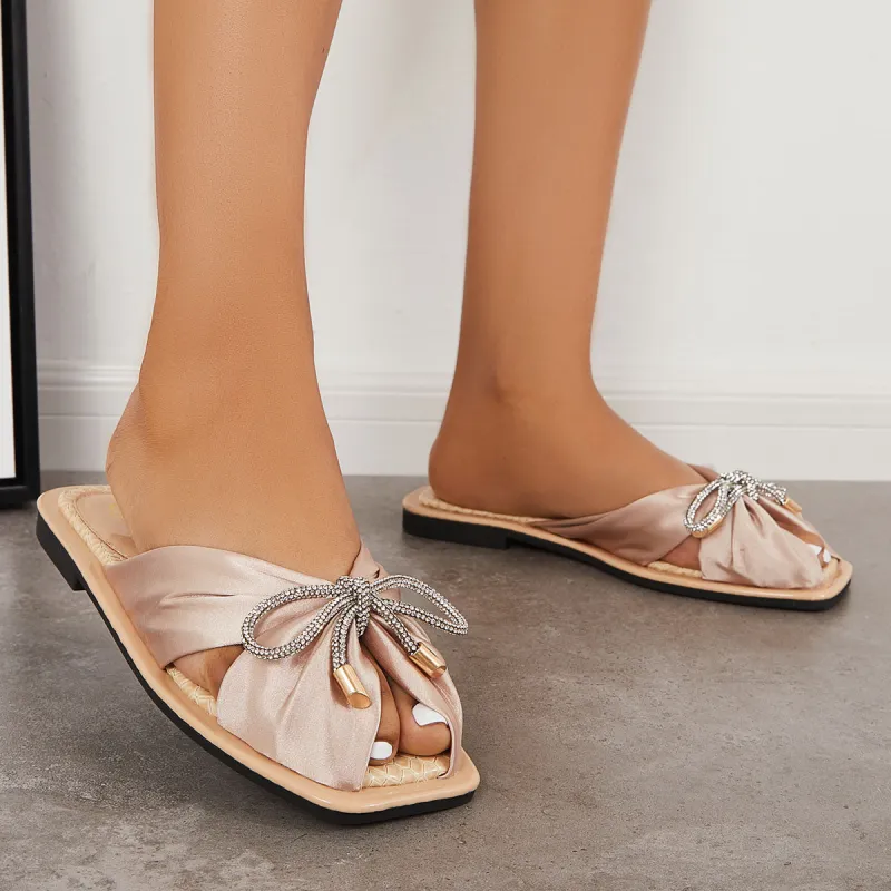 Bowknot Decor Satin Straps Slides Peep Toe Slip on Sandals sold by Tinstree