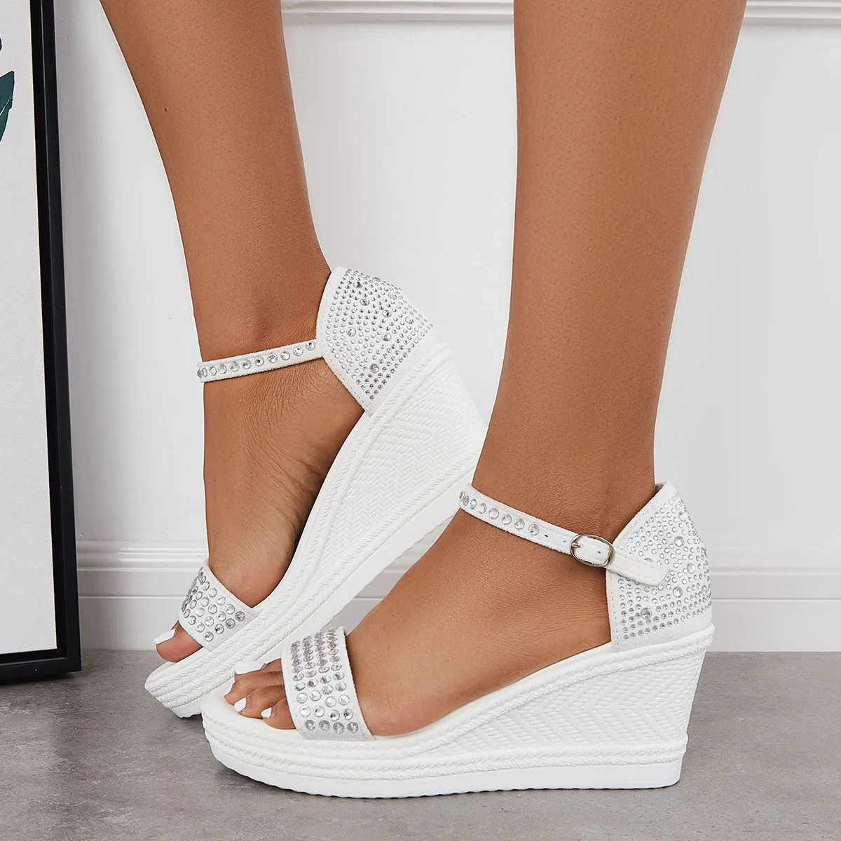 White Rhinestone Platform Wedges Ankle Strap Sandals sold by Tinstree product image thumbnail 2