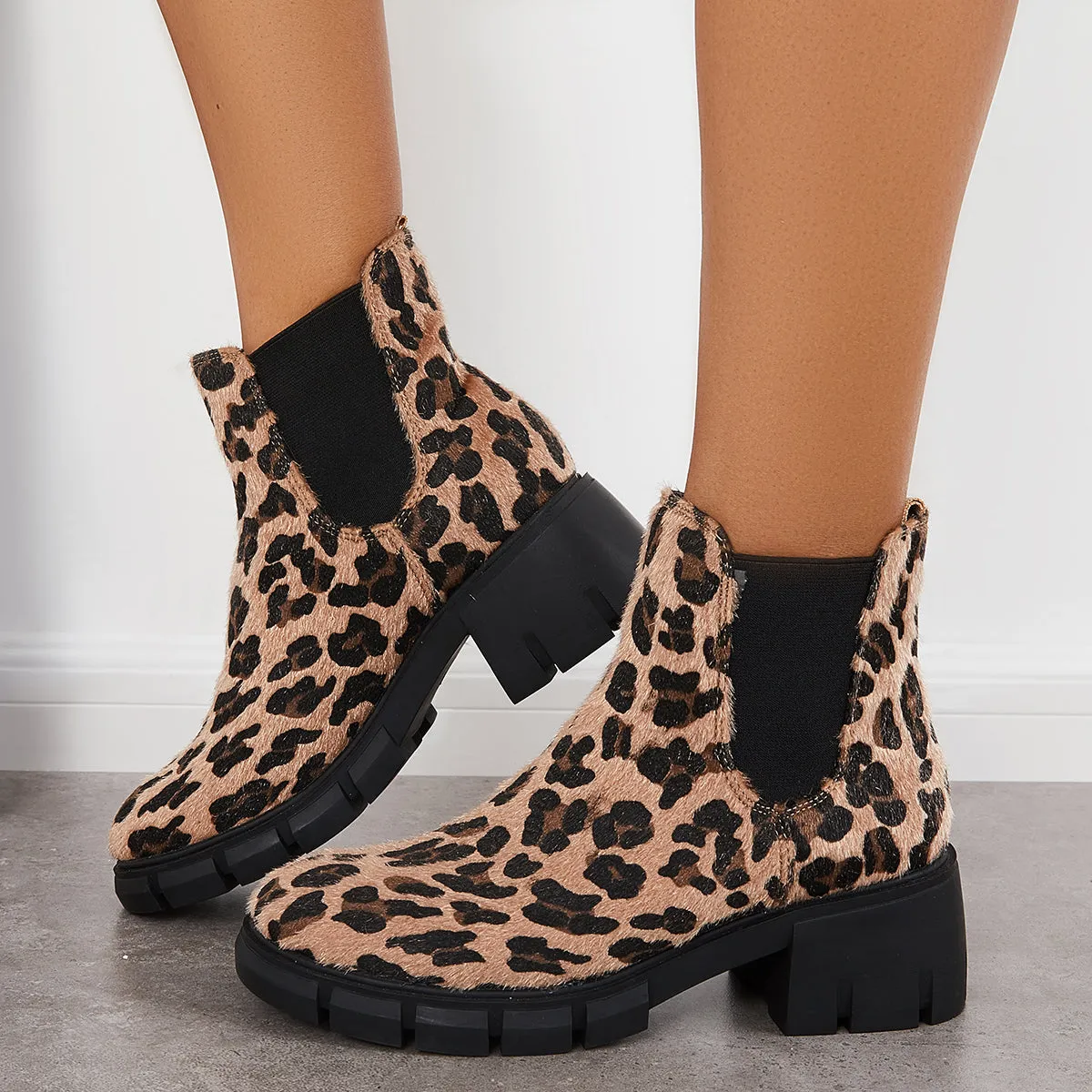Platform Lug Sole Chelsea Booties Slip on Chunky Heel Ankle Boots sold by Tinstree