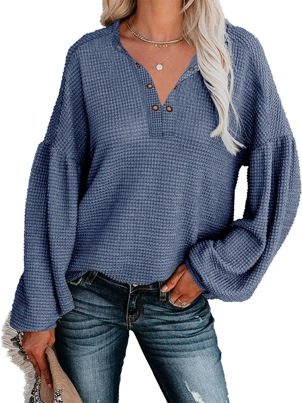 Women Waffle Knit Tops V Neck Long Sleeve Slouchy Loose Pullover Blouses sold by Tinstree product image thumbnail 5