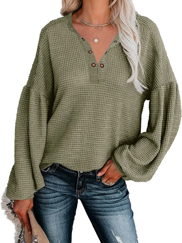 Women Waffle Knit Tops V Neck Long Sleeve Slouchy Loose Pullover Blouses sold by Tinstree product image thumbnail 3