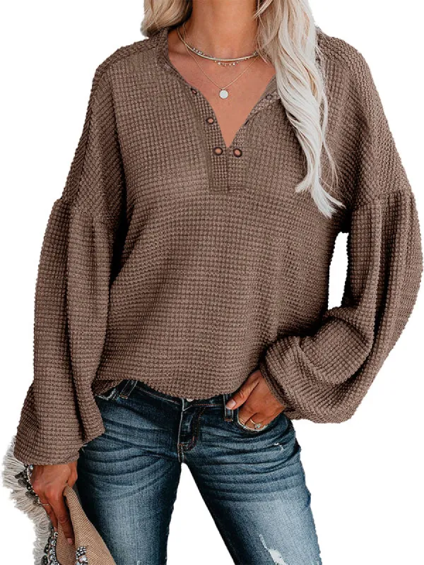 Women Waffle Knit Tops V Neck Long Sleeve Slouchy Loose Pullover Blouses sold by Tinstree