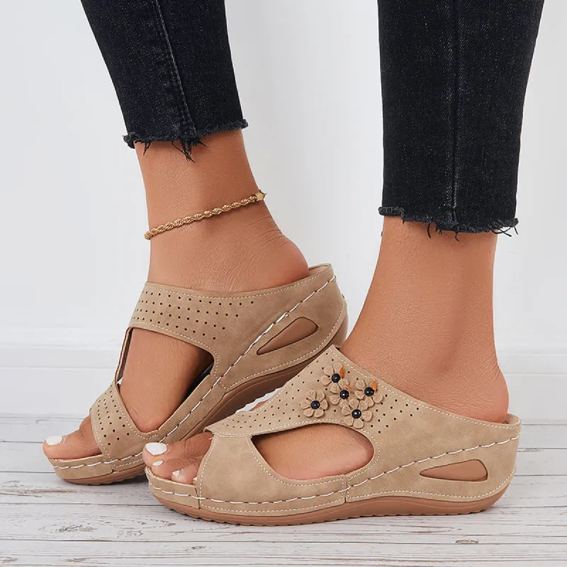 Floral Arch Support Slide Sandals Open Toe Wedge Slippers sold by Tinstree
