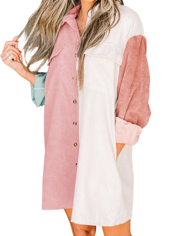 Women Corduroy Jacket Shirts Lapel Long Sleeve Pocket Oversized Button Down Shirt Dress sold by Tinstree