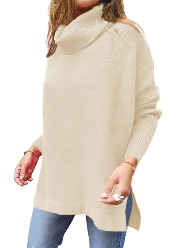 Women Turtleneck Oversized Long Batwing Sleeve Spilt Hem Knit Pullover Sweater Tops sold by Tinstree