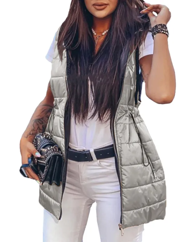 Women Puffer Drawstring Vest Hooded Lightweight Zipper Up Padded Gilet sold by Tinstree