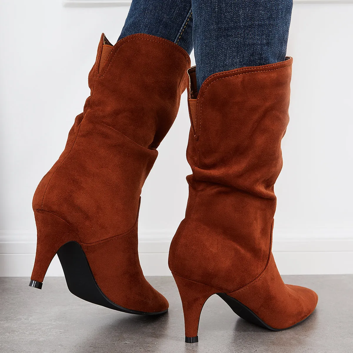 Slouchy Pointed Toe Mid Calf Boots Pull On Stilettos High Heel Boots sold by Tinstree product image thumbnail 5
