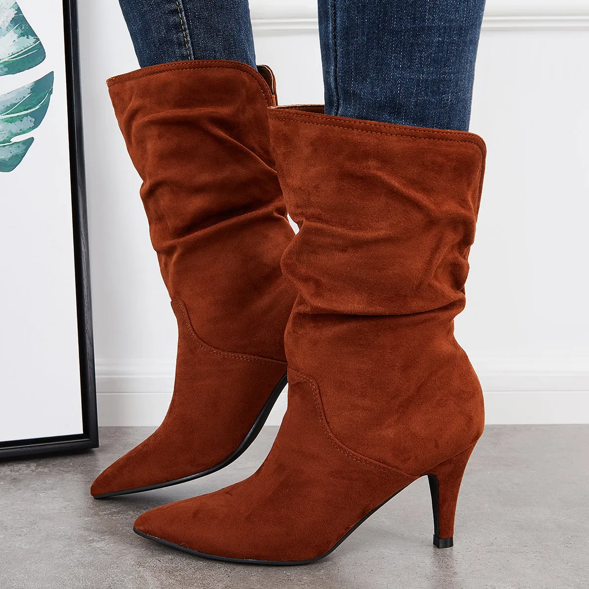 Slouchy Pointed Toe Mid Calf Boots Pull On Stilettos High Heel Boots sold by Tinstree product image thumbnail 2