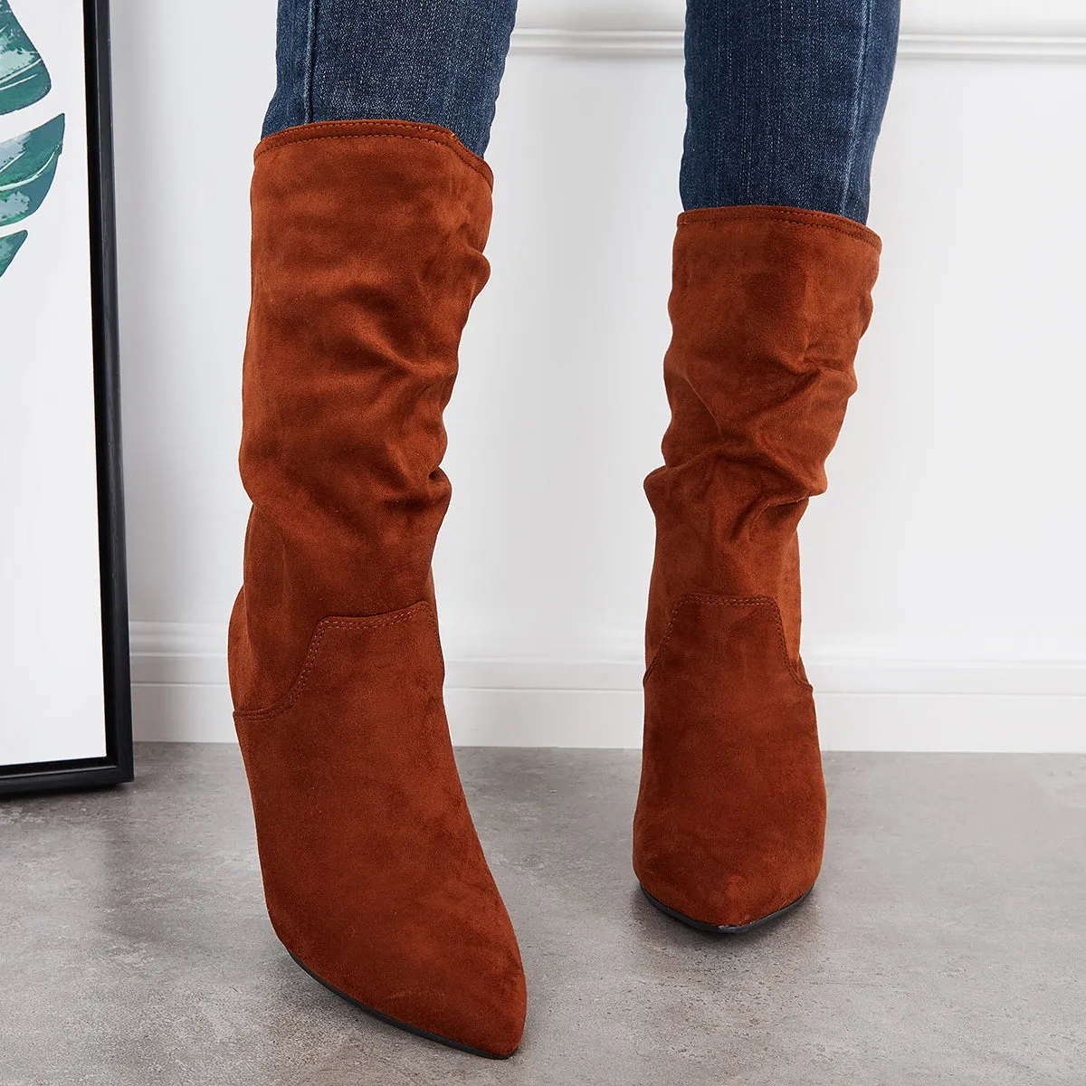 Slouchy Pointed Toe Mid Calf Boots Pull On Stilettos High Heel Boots sold by Tinstree product image thumbnail 3