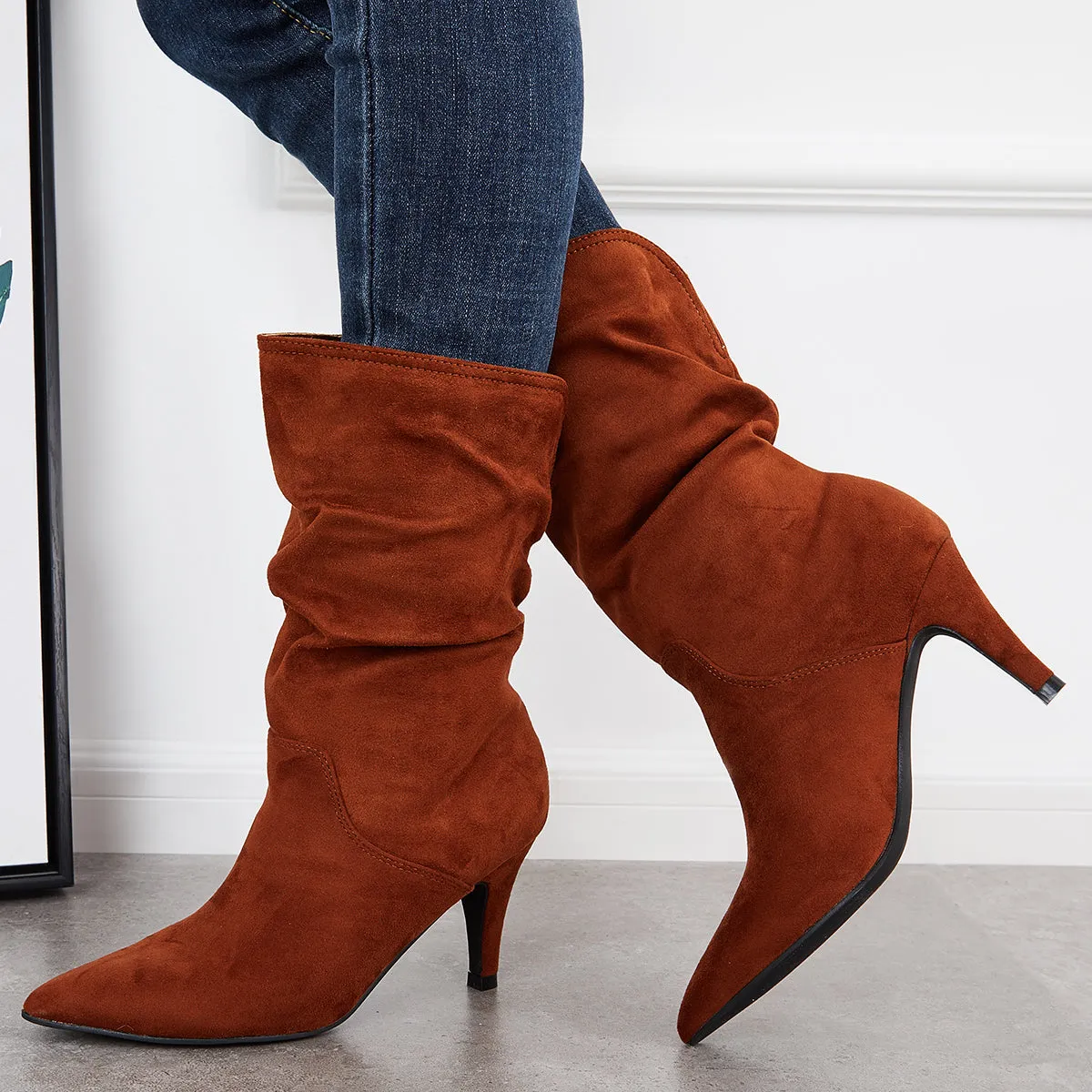 Slouchy Pointed Toe Mid Calf Boots Pull On Stilettos High Heel Boots sold by Tinstree