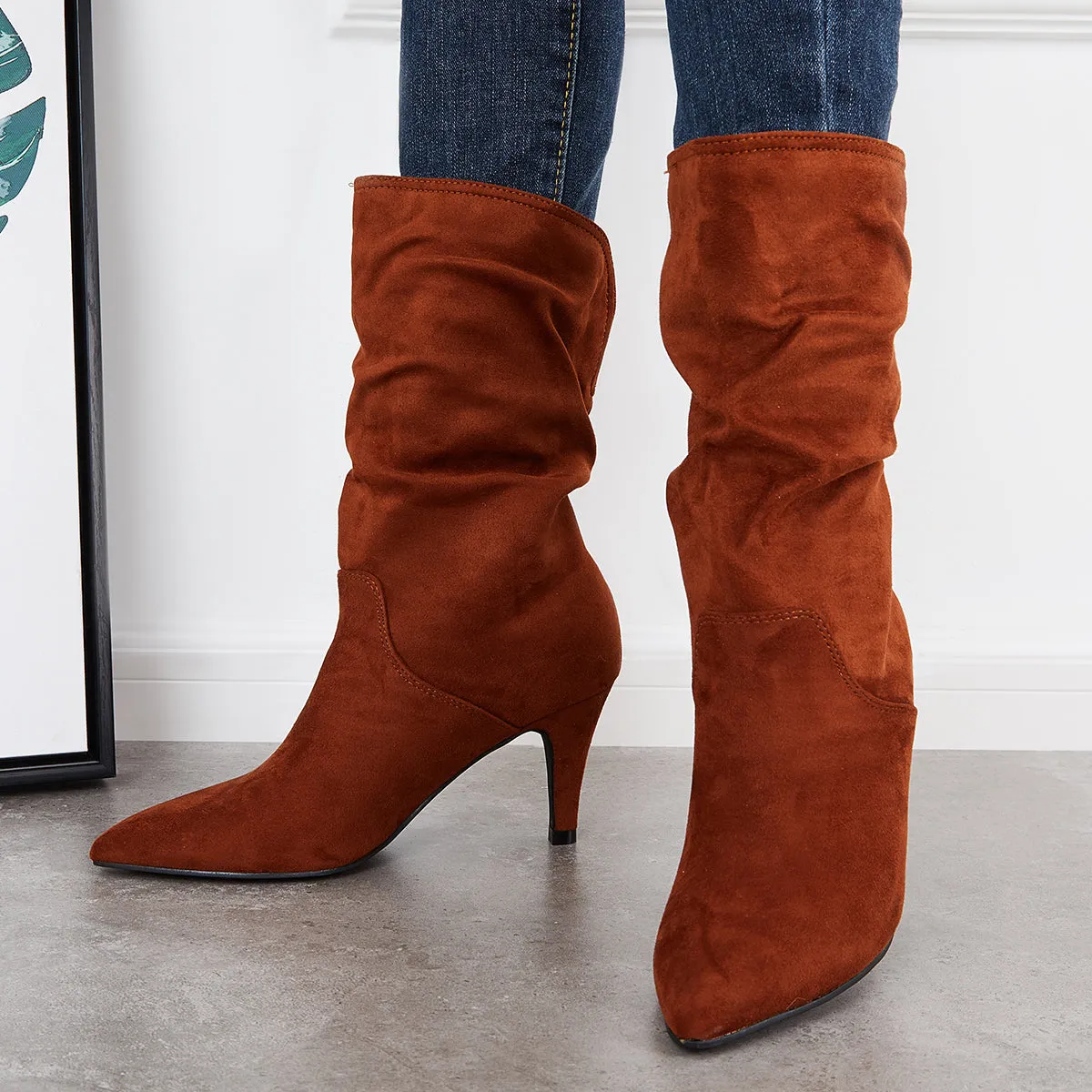 Slouchy Pointed Toe Mid Calf Boots Pull On Stilettos High Heel Boots sold by Tinstree product image thumbnail 4