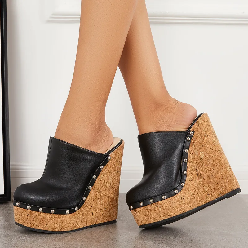 Black Closed Toe Cork Platform Wedge Heel Mules Slide Sandals sold by Tinstree