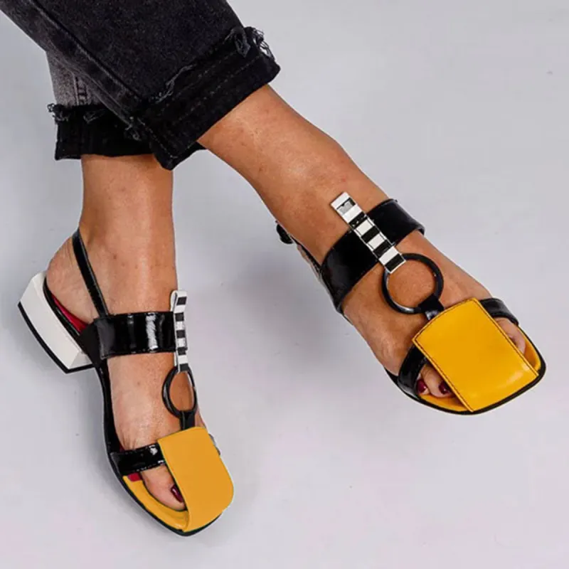 Square Toe Mix Color Faux Leather Block Low Heel Sandals sold by Tinstree