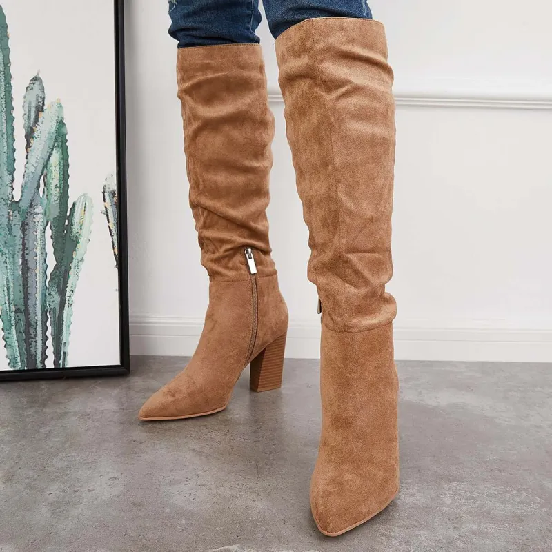 Suede Knee High Tall Boots Block Heel Mid Calf Riding Boots sold by Tinstree