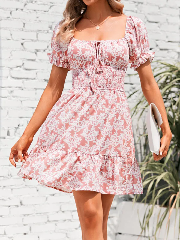 Womens Summer Dress Puff Sleeve Smocked Floral Print Ruffle Swing Mini Dress sold by Tinstree