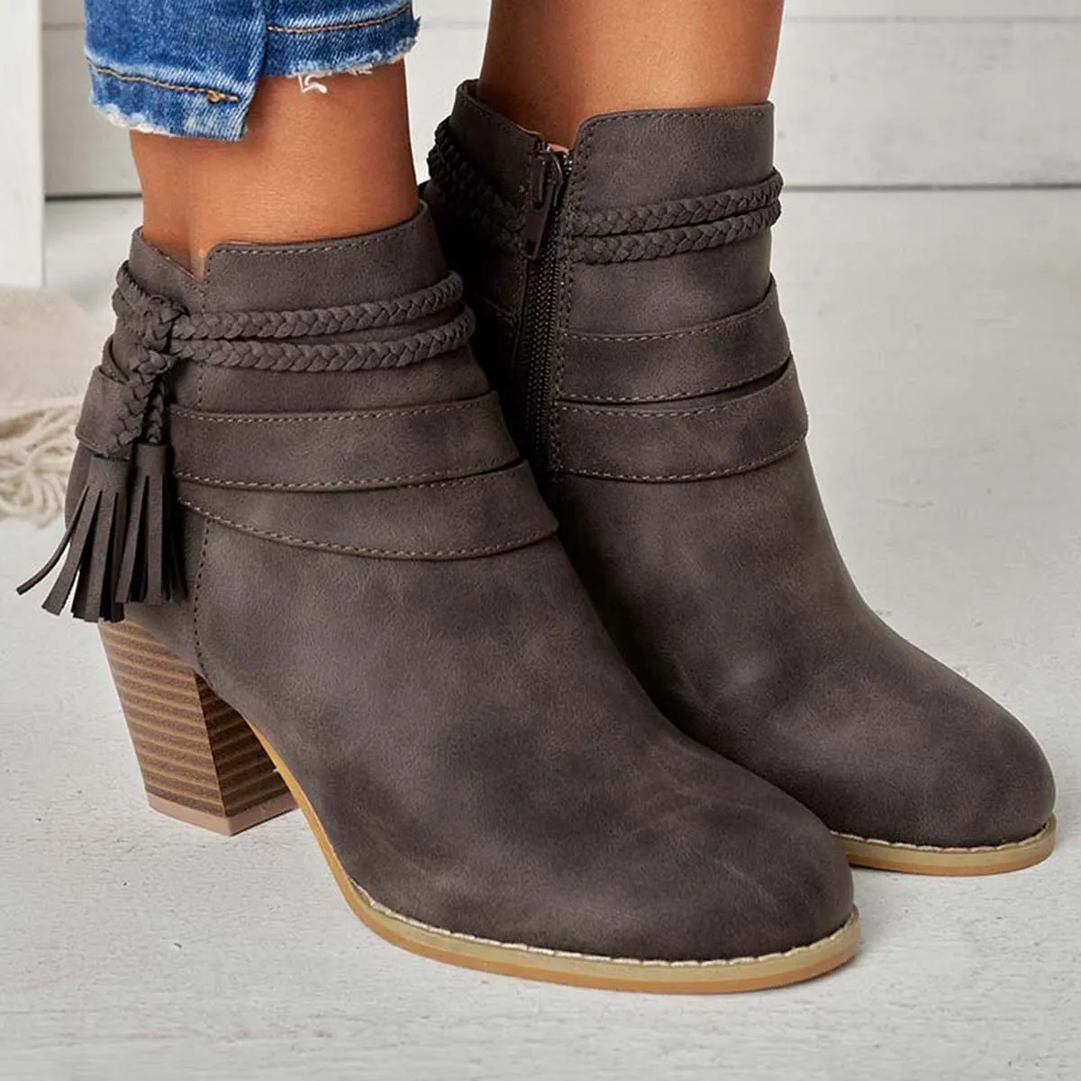 Western Tassel Chunky Block Heel Ankle Boots Side Zipper Booties sold by Tinstree