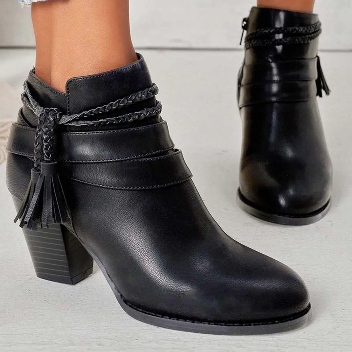 Western Tassel Chunky Block Heel Ankle Boots Side Zipper Booties sold by Tinstree product image thumbnail 5