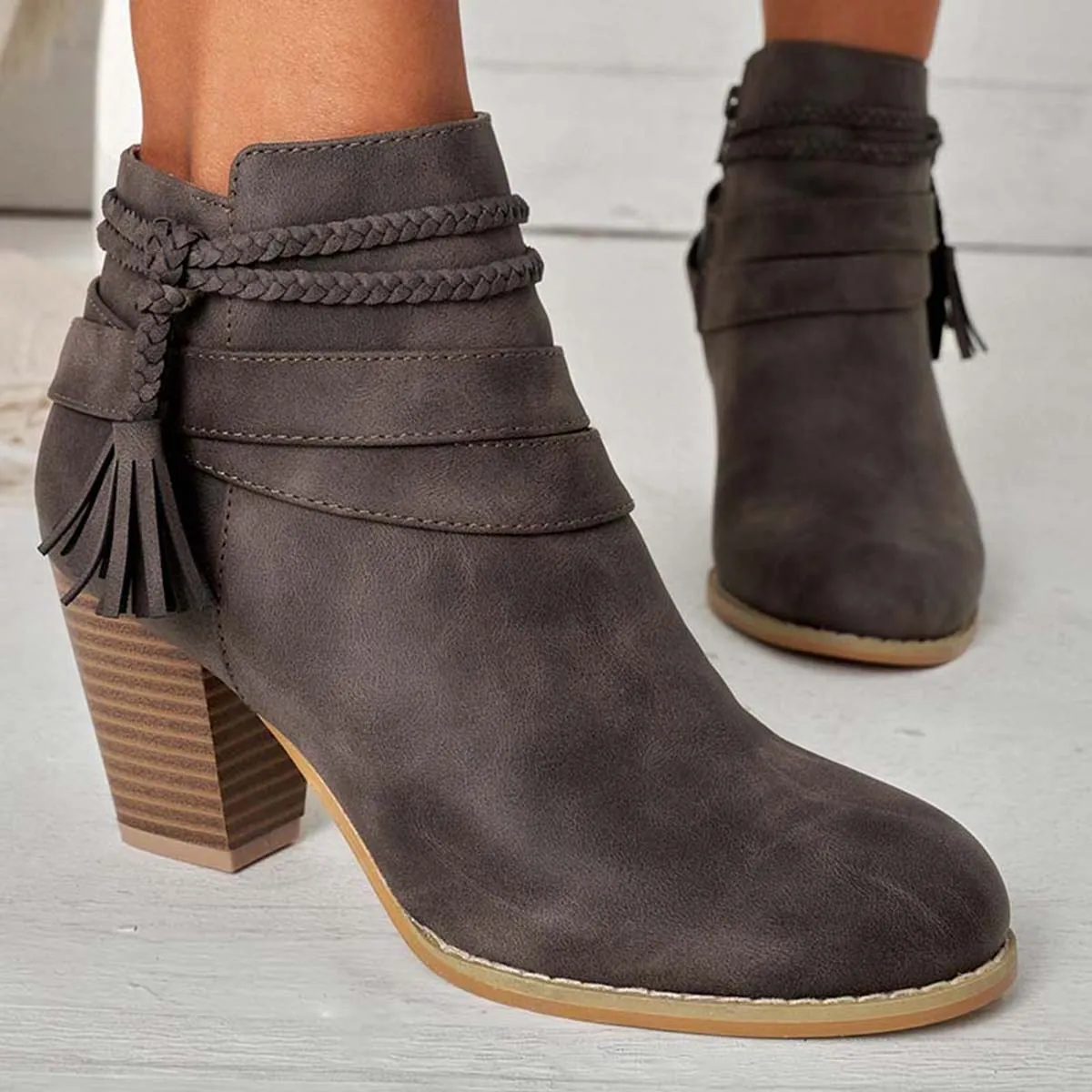 Western Tassel Chunky Block Heel Ankle Boots Side Zipper Booties sold by Tinstree product image thumbnail 4