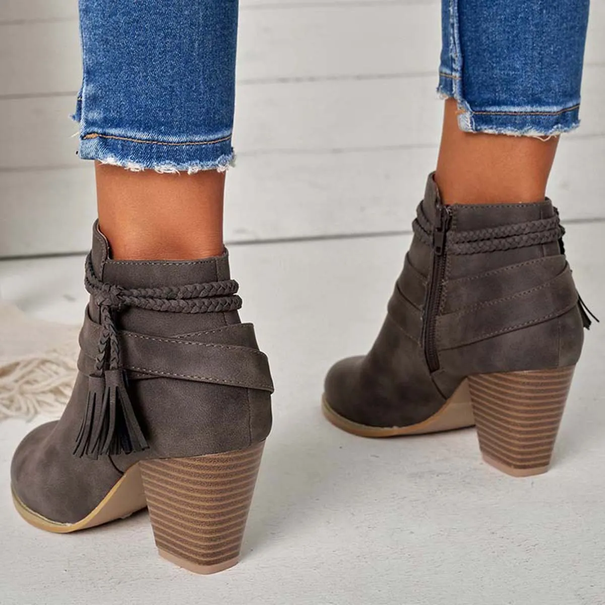 Western Tassel Chunky Block Heel Ankle Boots Side Zipper Booties sold by Tinstree product image thumbnail 3