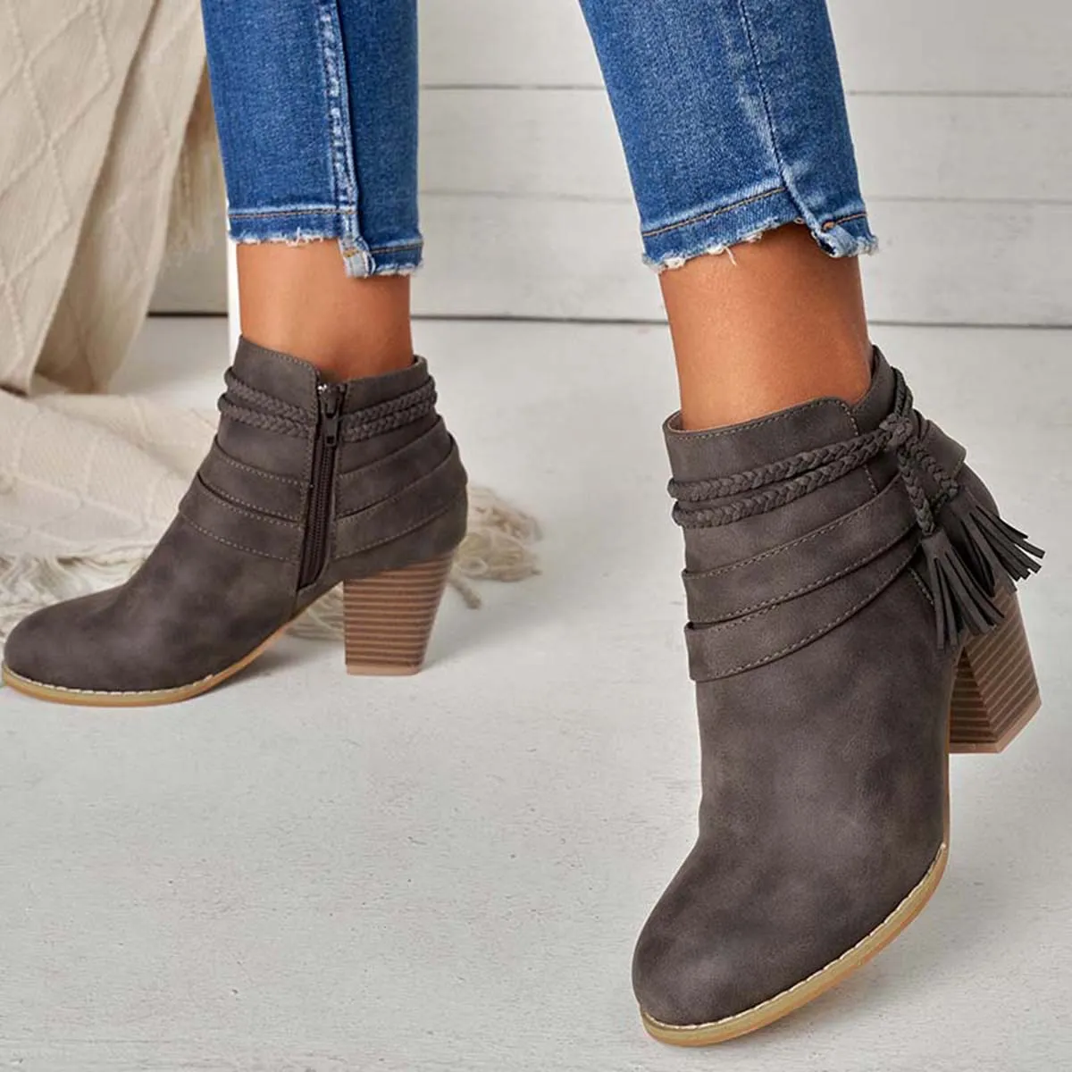 Western Tassel Chunky Block Heel Ankle Boots Side Zipper Booties sold by Tinstree product image thumbnail 2