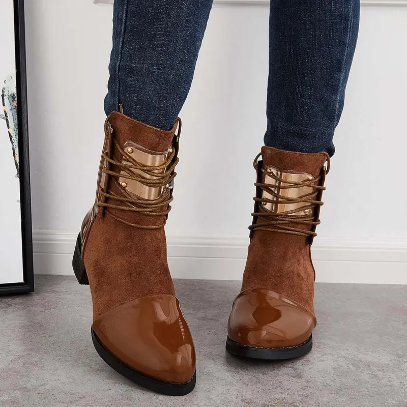 Patent Leather Block Low Heel Ankle Boots Back Zipper Booties sold by Tinstree