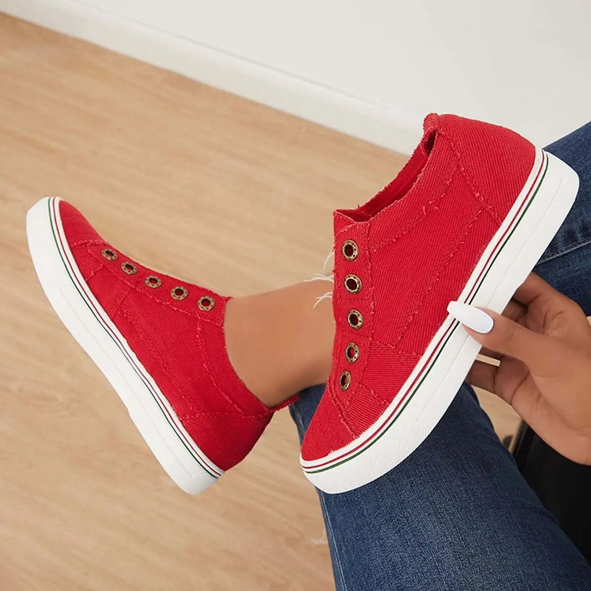 Red Canvas Slip on Loafer Sneakers Flat Walking Shoes sold by Tinstree product image thumbnail 5