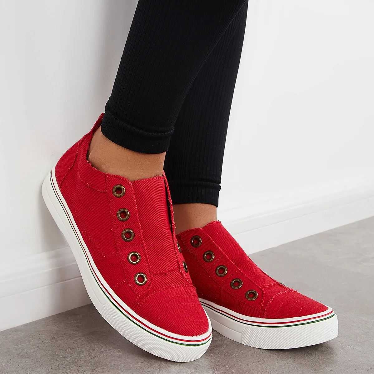 Red Canvas Slip on Loafer Sneakers Flat Walking Shoes sold by Tinstree product image thumbnail 3