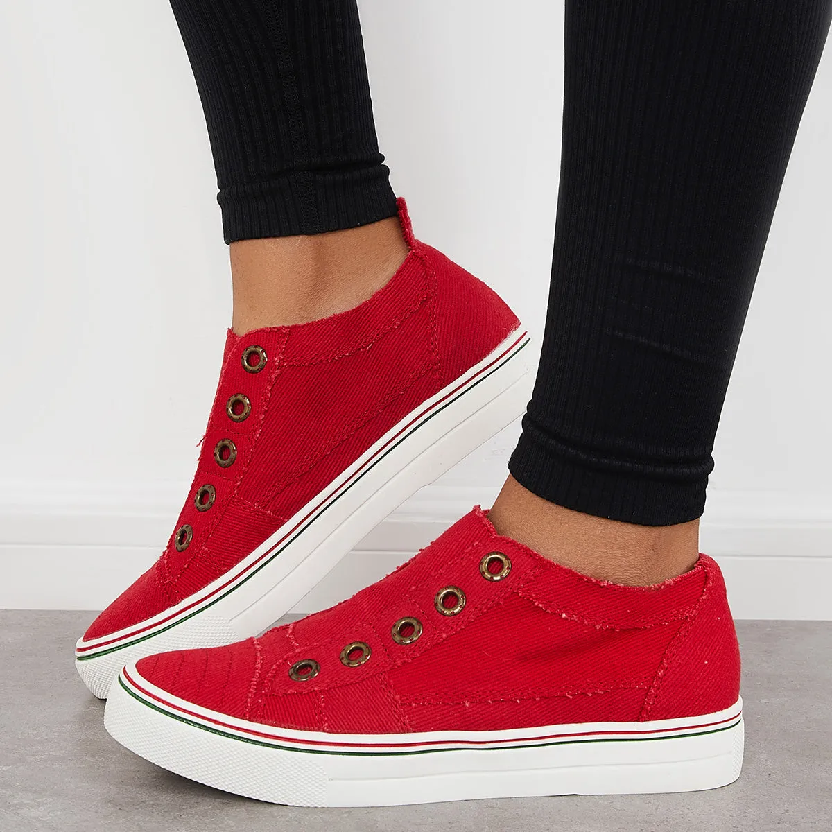 Red Canvas Slip on Loafer Sneakers Flat Walking Shoes sold by Tinstree