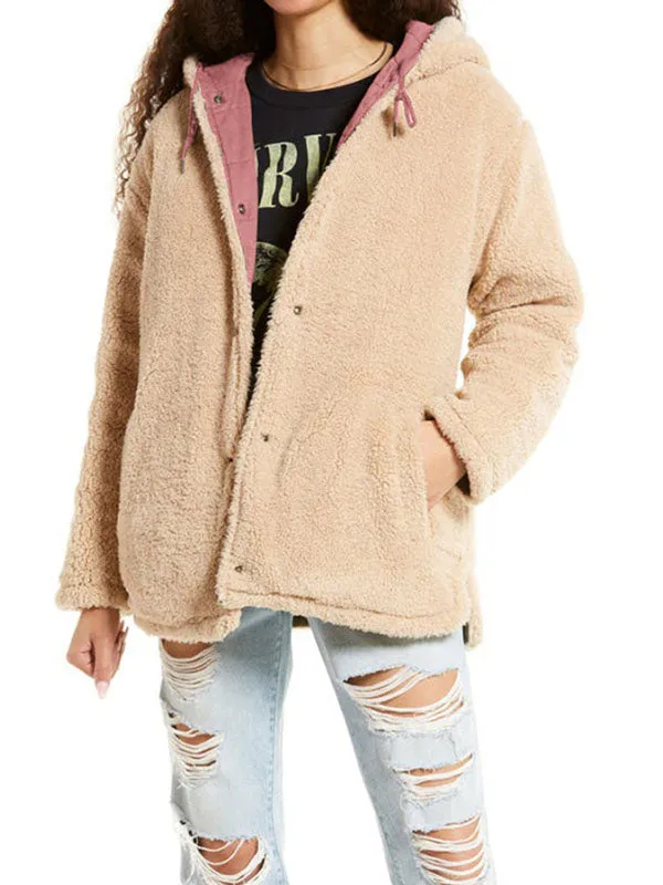 Women's Fleece Lined Hooded Jacket Button Fuzzy Coat Hoodie Jacket sold by Tinstree product image thumbnail 3