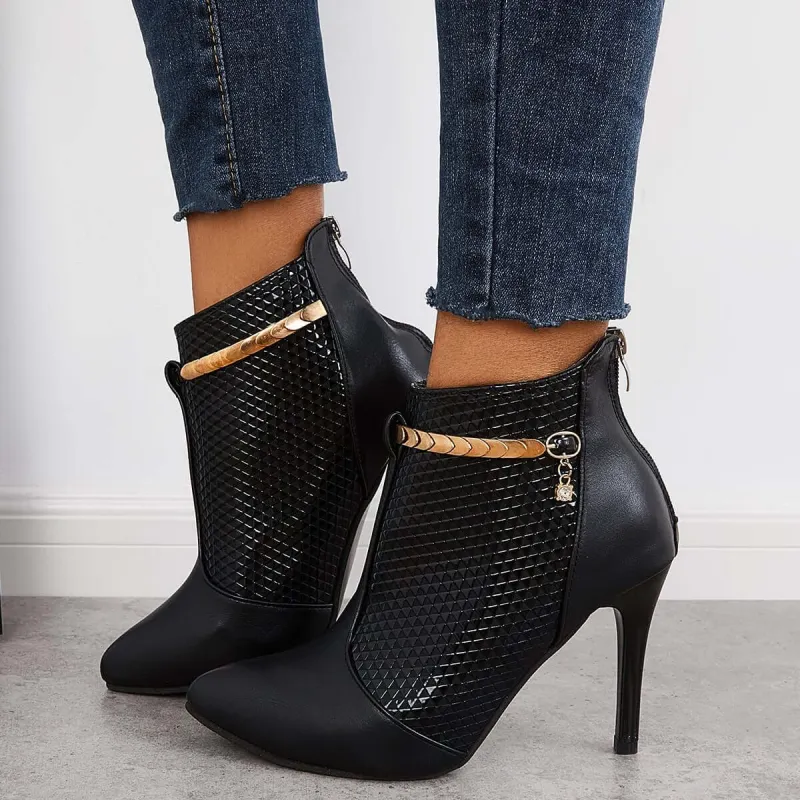 Pointed Toe Stiletto High Heel Dress Booties Back Zip Ankle Boots sold by Tinstree