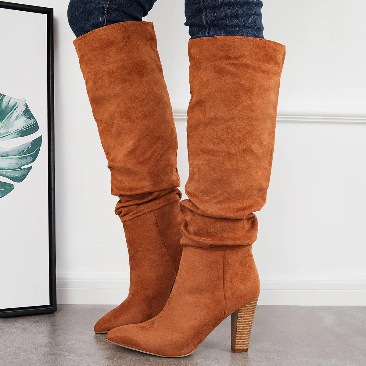 Slouch Knee High Boots Wide Calf Chunky Stack Heel Booties sold by Tinstree product image thumbnail 3