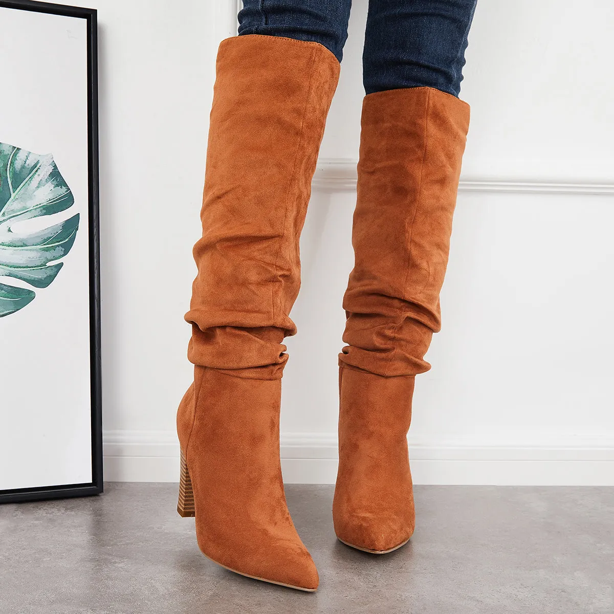 Slouch Knee High Boots Wide Calf Chunky Stack Heel Booties sold by Tinstree product image thumbnail 4
