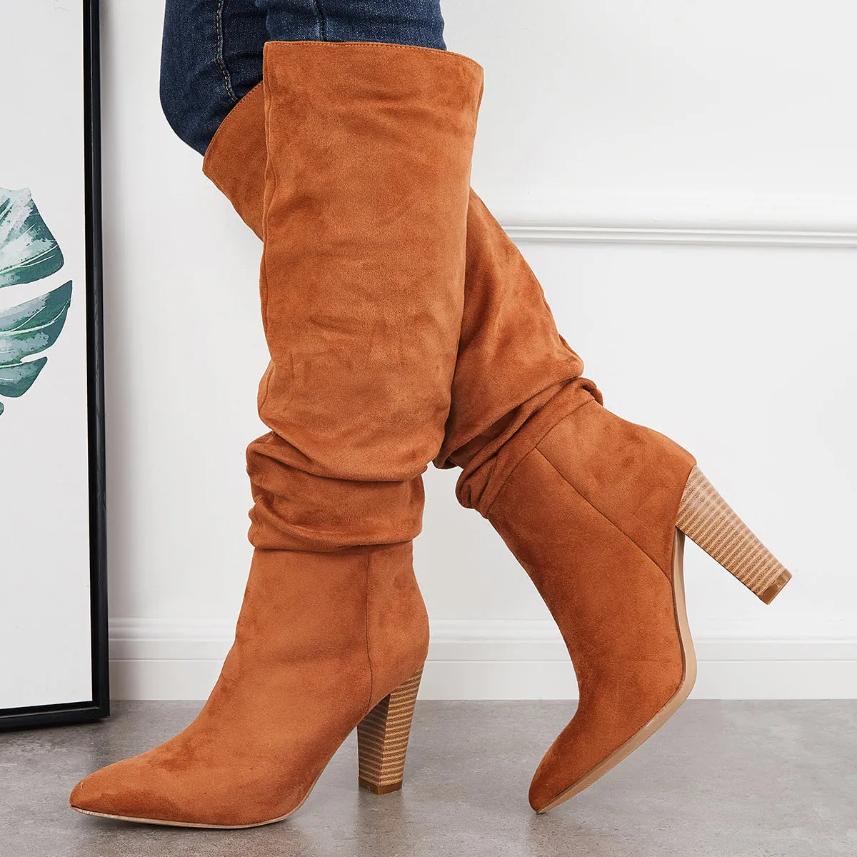 Slouch Knee High Boots Wide Calf Chunky Stack Heel Booties sold by Tinstree product image thumbnail 2
