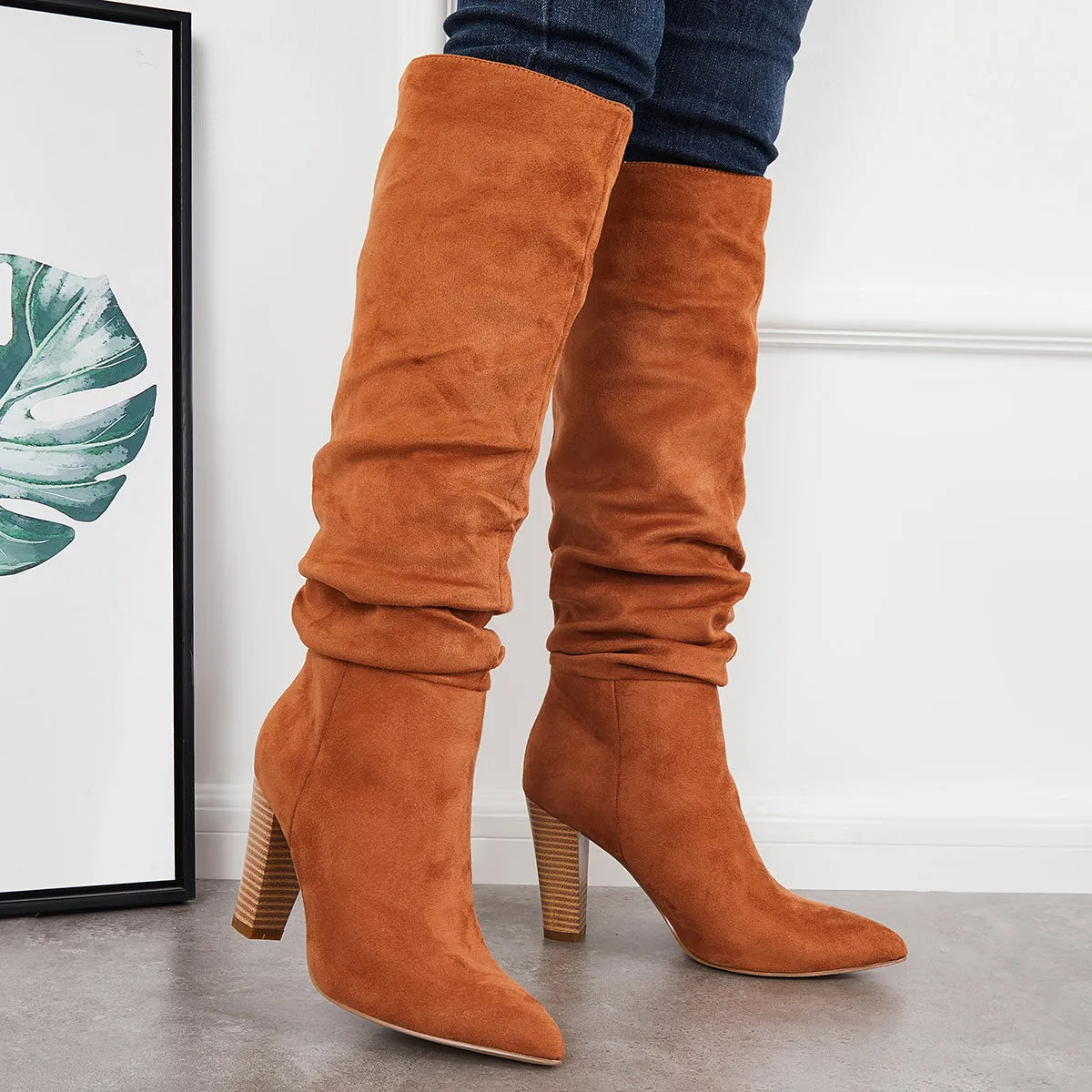 Slouch Knee High Boots Wide Calf Chunky Stack Heel Booties sold by Tinstree