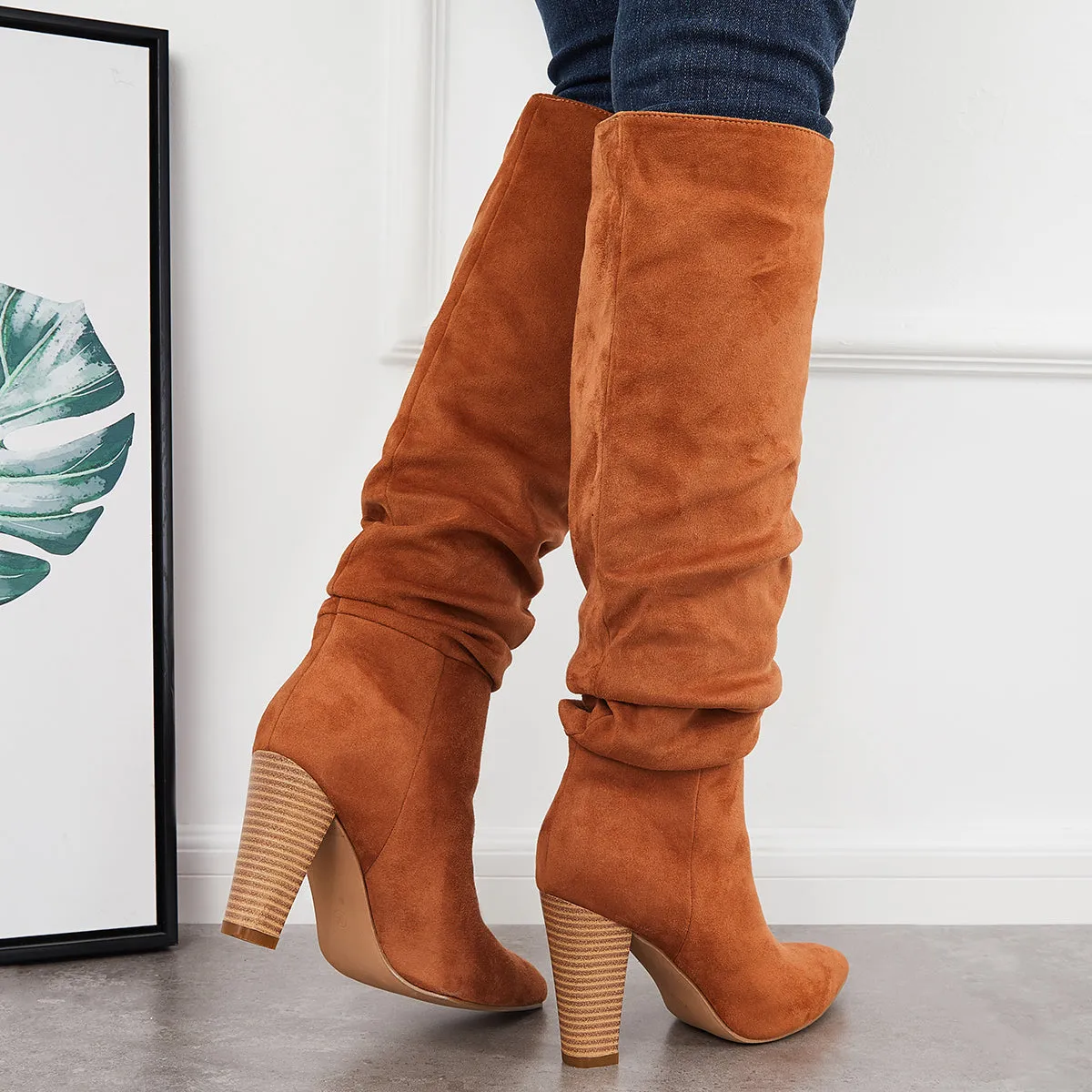 Slouch Knee High Boots Wide Calf Chunky Stack Heel Booties sold by Tinstree product image thumbnail 5