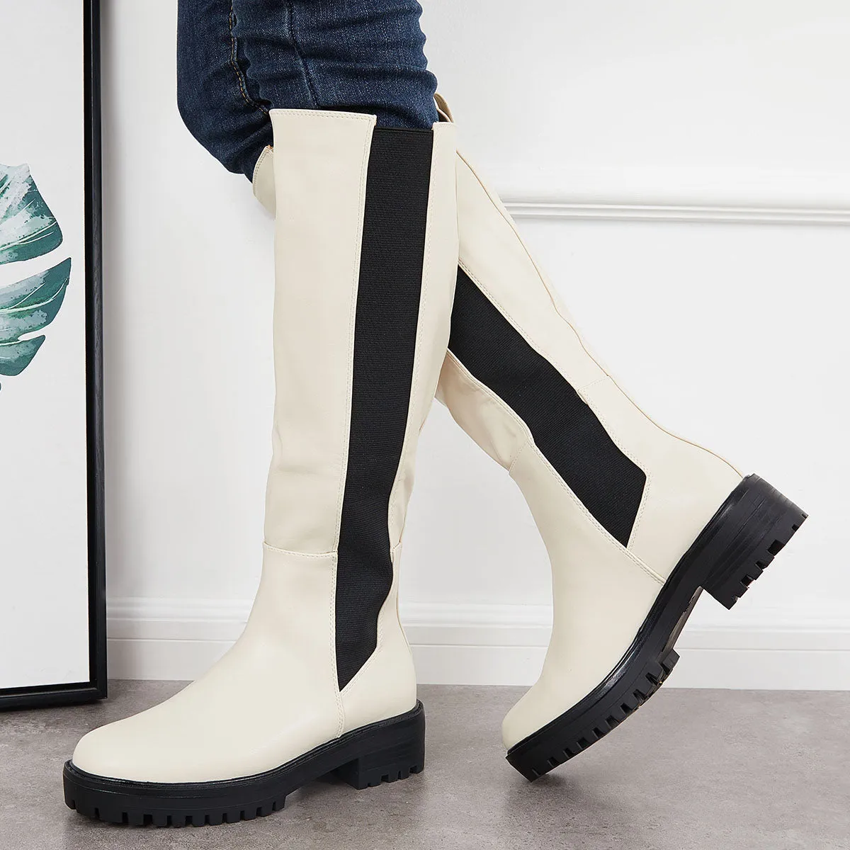 Platform Chunky Sole Knee High Chelsea Boots Pull on Riding Boots sold by Tinstree product image thumbnail 3