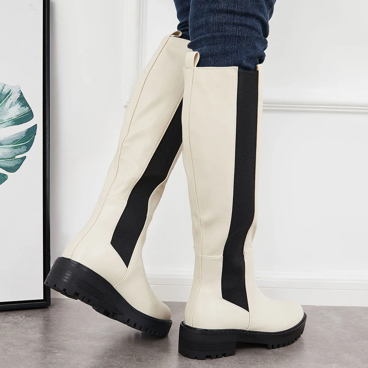 Platform Chunky Sole Knee High Chelsea Boots Pull on Riding Boots sold by Tinstree product image thumbnail 4