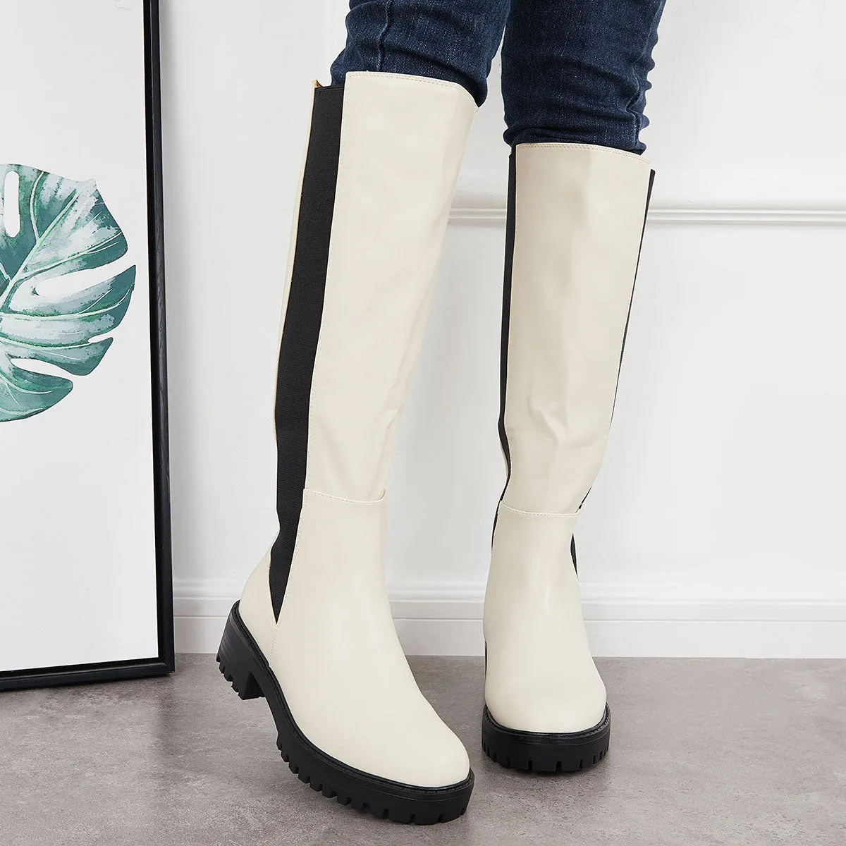 Platform Chunky Sole Knee High Chelsea Boots Pull on Riding Boots sold by Tinstree product image thumbnail 5