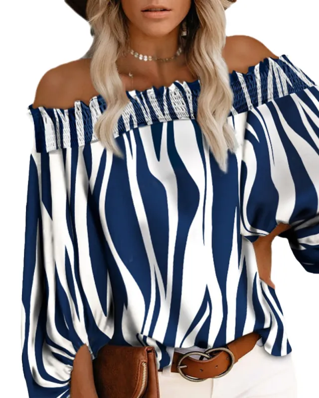 Women's Off Shoulder Tops Stripe Print Long Lantern Sleeve Casual Loose Blouse Shirts sold by Tinstree