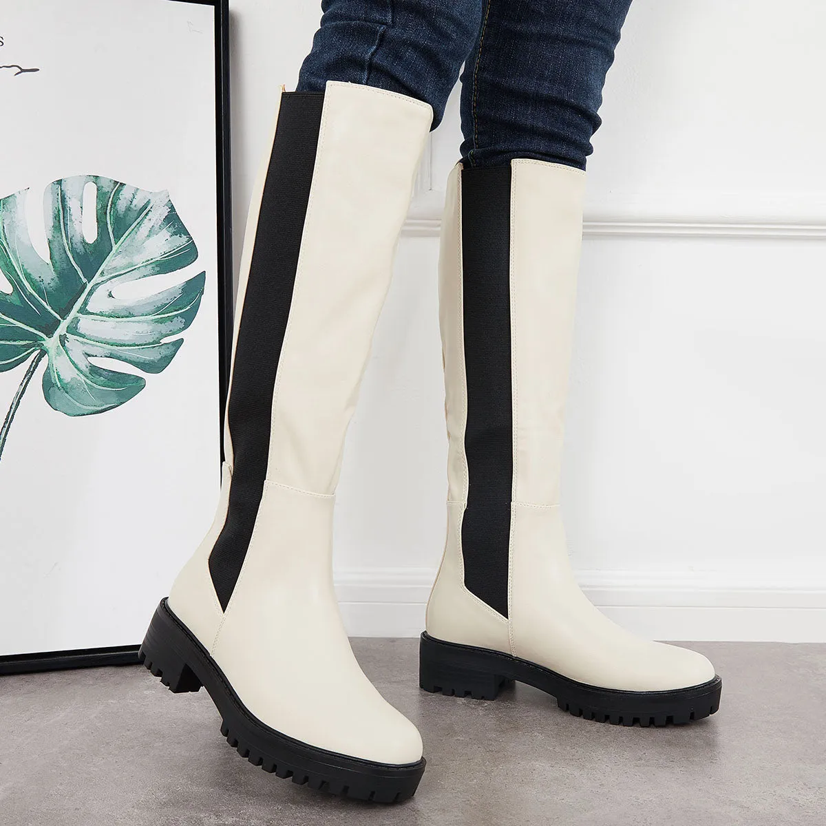 Platform Chunky Sole Knee High Chelsea Boots Pull on Riding Boots sold by Tinstree