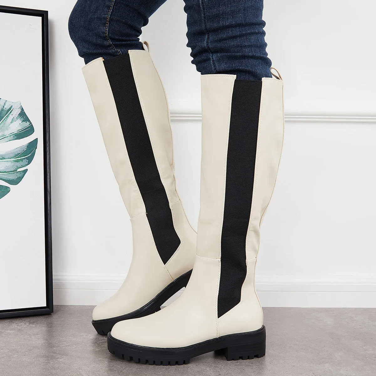 Platform Chunky Sole Knee High Chelsea Boots Pull on Riding Boots sold by Tinstree product image thumbnail 2