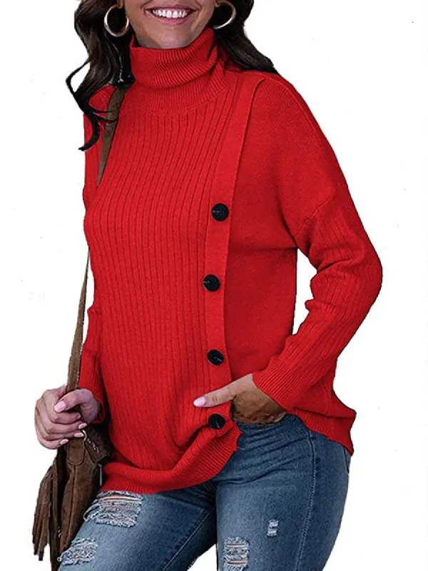 Women Turtleneck Knit Pullover Sweater Long Sleeve Button Decor Jumper Tops sold by Tinstree