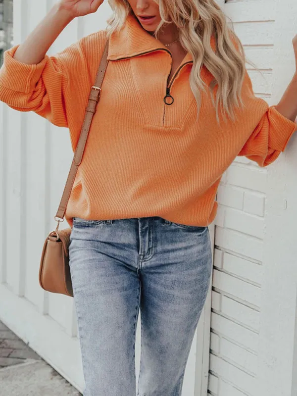 Women Lantern Long Sleeve Pullover Sweaters Half Zipper Ribbed Knitted Jumper Tops sold by Tinstree