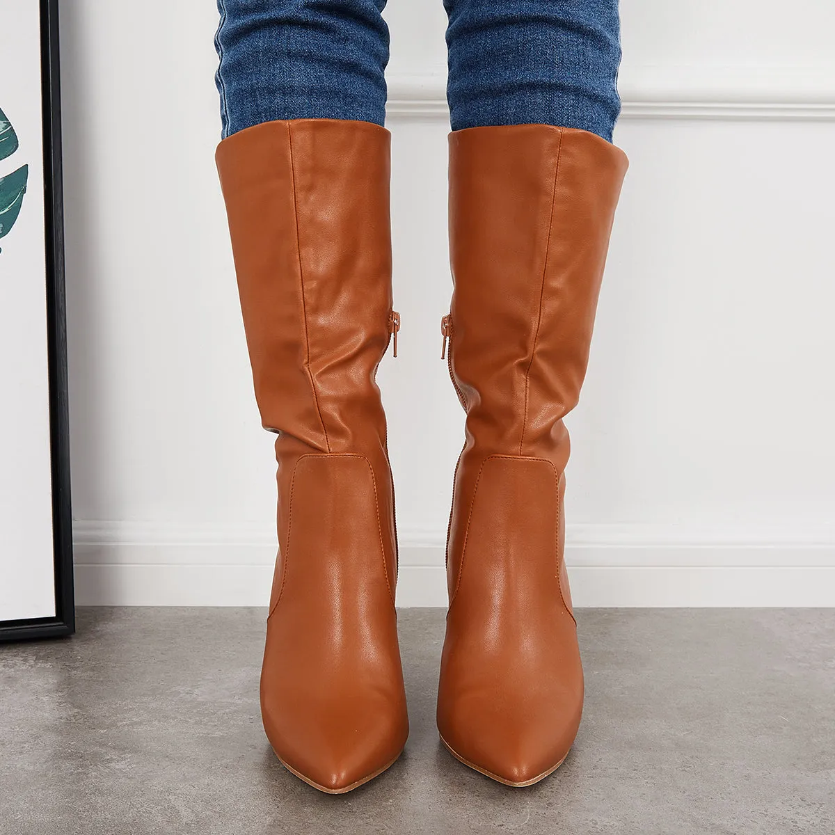 Women Mid Calf Boots Pointed Toe Stiletto Heel Dress Booties sold by Tinstree product image thumbnail 5