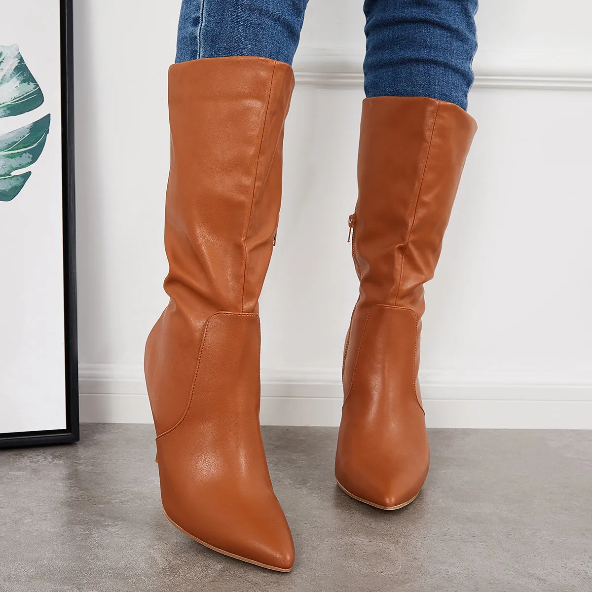 Women Mid Calf Boots Pointed Toe Stiletto Heel Dress Booties sold by Tinstree product image thumbnail 3